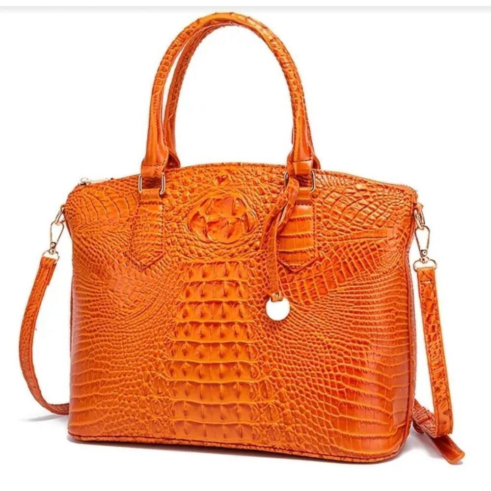 Crocodile Pattern 3D Faux Patent Leather Top Handle Satchel Bag with Crossbody S